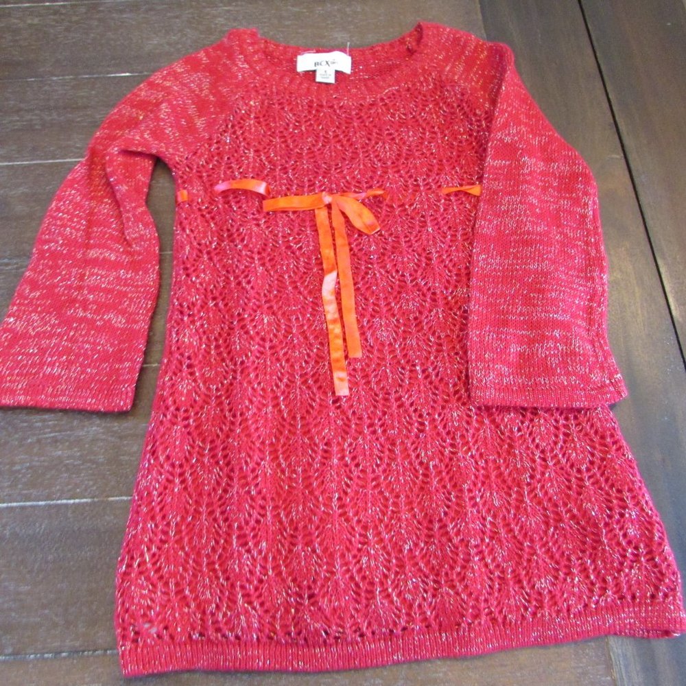 BCX Girl Crochet Red Dress Kids Girls Sz 5 Gold Threading Satin Ribbon
